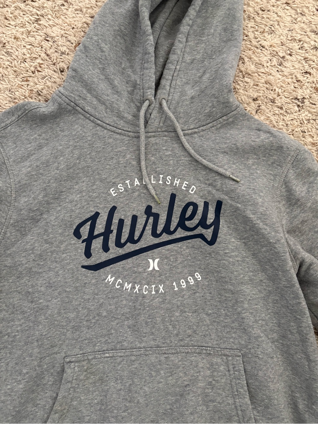 Hurley Heather Gray Pullover Hoodie With Script Men’s Size Medium